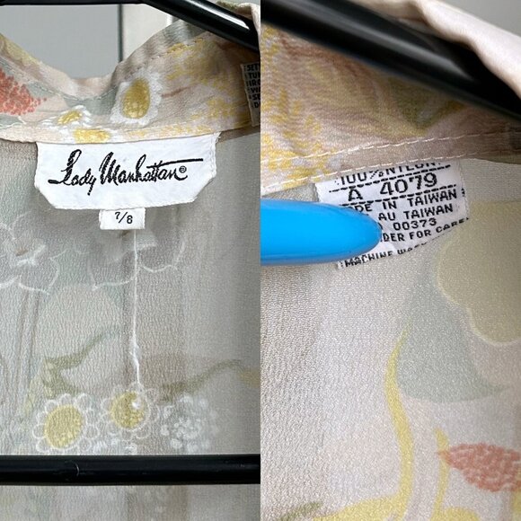 70s Vintage Lady Manhattan Blouse Semi Sheer Pastel Floral Pointed Collar. - Picture 7 of 8